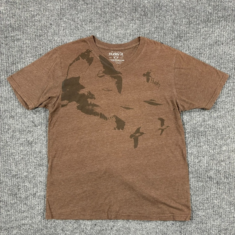 Hurley Mens Brown V Neck T Shirt Size L Bird Graphic Short Sleeve Surf Skate Tee